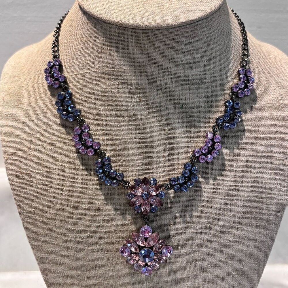 Vintage SNK Sparkly Crystal Drop Pendant Costume Statement Necklace Signed Blue